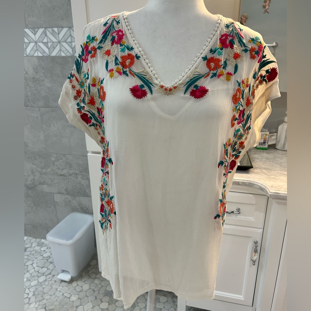 Sundance Tell Your Story Semi Sheer Embroidered Floral Top